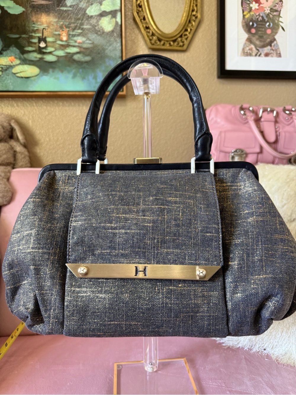 Halston Heritage Brushed Denim/Gold Doctors Bag w Leather Trim & Gold Hardware